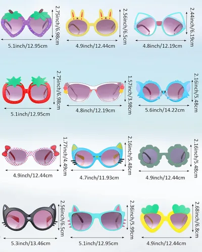 Vista 2 de Weewooday 12 pares de lentes de sol para niños, diseño de fresa, gato, flor, corazón, para fiesta, caricatura, para niños