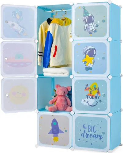 Vista 10 de INFANS Armario para niños, armario portátil para bebé, lindo para dormitorio de niños, armario de guardería con puertas, 12 cubos, 2 secciones