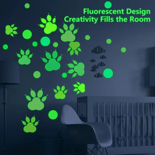 Vista 6 de Calcomanías con estampado de patas que brillan en la oscuridad, 128 calcomanías de pared luminosas y coloridas para dormitorio de niños, guardería
