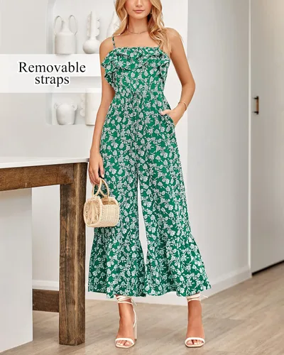 Vista 5 de Prettygrden - Overol casual de verano para mujer, con volantes, cuello cuadrado, lazo en la espalda, cintura alta, bohemio, floral, pierna ancha