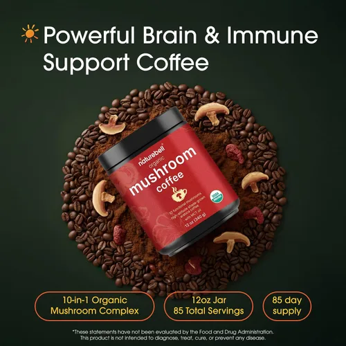 Vista 2 de NatureBell Café orgánico de hongos, 12 onzas, mezcla de superalimentos para apoyo energético, apoyo para la salud cerebral e inmunológica* - Incluye