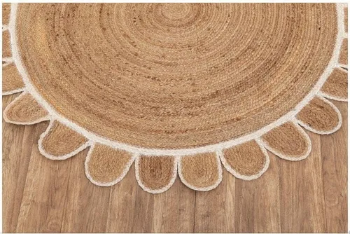 Vista 4 de Alfombra redonda de yute festoneada con borde blanco para sala de estar, cocina, oficina, exterior (2 x 2 pies/23.6 x 23.6 in, festoneada redonda)