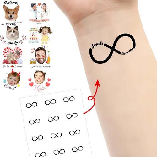 Vista 23 de Tatuajes personalizados temporales personalizados temporales con nombre, logotipo, foto facial para adultos, boda, cumpleaños, San Valentín