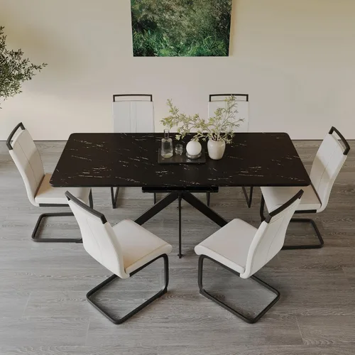 Vista 10 de Mesa de comedor de mármol para 4-8, mesa de comedor extensible de 62.4 a 78.15 pulgadas, mesa de cocina moderna, mesa rectangular que ahorra espacio