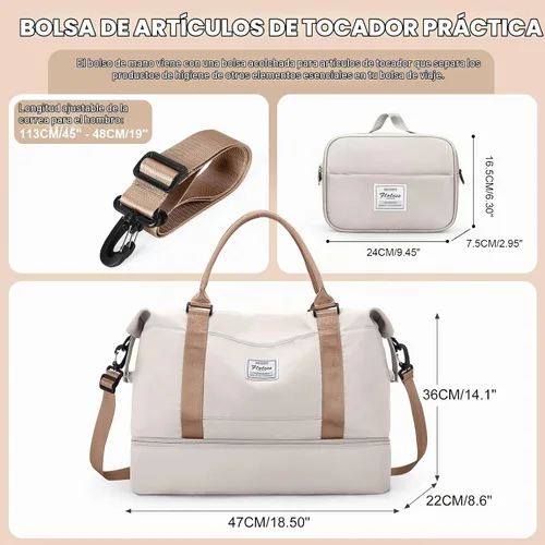 Vista 3 de Bolsas de fin de semana para mujer, bolsas de lona de viaje con compartimento para zapatos, bolsa de viaje para artículos personales, bolsa de fin