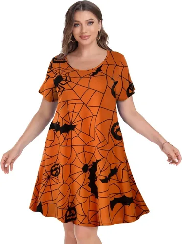 Vista 3 de MONNURO Vestidos de verano para mujer, de manga corta, casual, para la playa, vestido suelto con vuelo, talla grande, con bolsillos