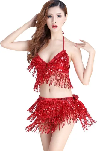 Vista 8 de Traje danza árabe con brasier y pañuelo para cadera con flecos para mujer Negro