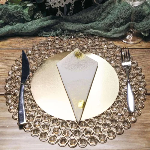 Vista 3 de Tableclothsfactory Plato Cargador de Metal Dorado de 14 Pulgadas con Diseño de Alambre y 118 Cuentas de Cristal Acrílico para Bodas y Eventos