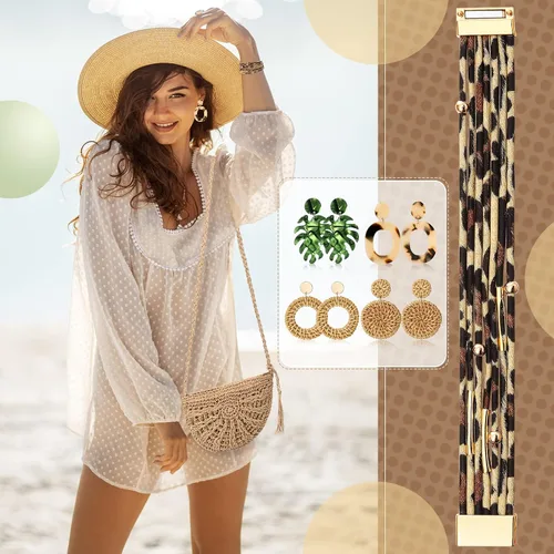 Vista 7 de Hicarer Beach Purse Earrings Set Straw Bag Vacation Purse with 4 Rattan Boho Tropical Earrings Leopard Bracelet