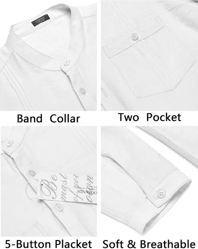 Vista 5 de COOFANDY Camisa Henley de lino para hombre, de manga larga, casual, hippie, de algodón, para playa