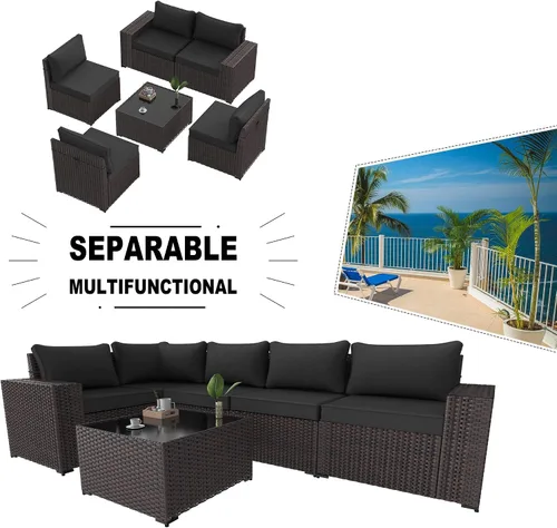 Vista 7 de Kullavik - Juego de muebles para exterior de 6 piezas con sofá modular de ratán de polietileno, color negro