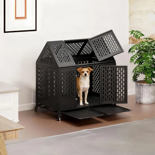 Vista 7 de Jaula indestructible resistente para perros grandes, a prueba de escape, con ruedas y bandejas, jaula interior a prueba de mordeduras con techo