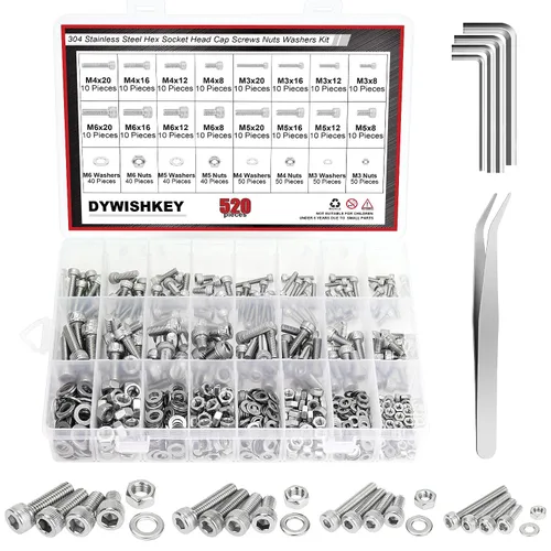 Vista 8 de DYWISHKEY 520 piezas M3 M4 M5 M6, 304 tornillos de cabeza hexagonal de acero inoxidable 304, tornillos, tuercas, arandelas, kit surtido con llaves