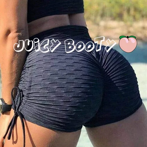 Vista 2 de AEEZO Shorts sexys para mujer, con fruncido en la cola, para yoga y entrenamiento, talle alto, control del vientre con textura fruncida