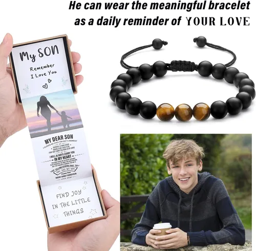 Vista 16 de Pulsera de cristal natural para adolescentes, niños, hombres, caja de regalo extraíble especialmente para hijo, nieto, papá, amor en cumpleaños