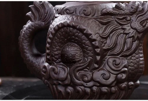 Vista 3 de Auténtica tetera Yixing Dragón y Fénix Tetera de gran capacidad Juego de té de arcilla morada, tetera Kung Fu (negro)