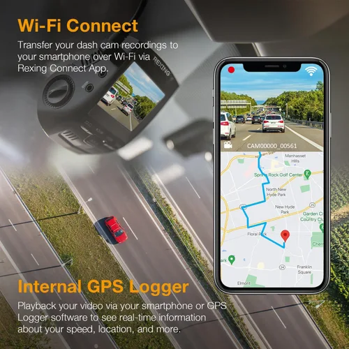 Vista 4 de RexingUSA V1-4K Ultra HD GPS Dash Cam 2.4" LCD, Wi-Fi, gran angular de 170°, sensor G, WDR, grabación en bucle, supercondensador, aplicación móvil