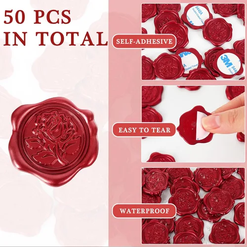 Vista 3 de Whaline 50 calcomanías de sello de cera de rosa roja, calcomanías 3D autoadhesivas en relieve para boda, San Valentín, Día de la Madre, bricolaje