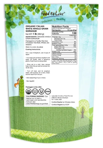 Vista 2 de Food to Live Sorgo orgánico italiano de grano entero blanco, 1 libra, granos blancos sin transgénicos. Semillas milo crudas. Vegano, maíz de escoba