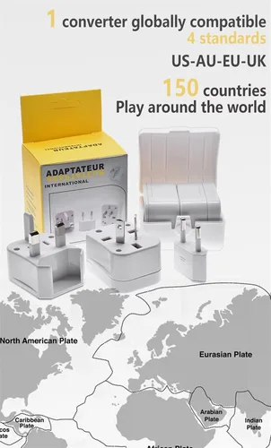 Vista 5 de Toptekits Adaptador de corriente universal todo en uno, conversión de viaje global tres en uno, 3 enchufes, adaptador universal de viaje en el Blanco