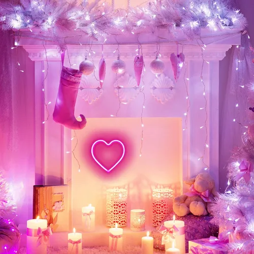 Vista 3 de Luces de corazón de neón – Lámpara de corazón LED rosa, decoración para el hogar, regalos colgantes, funciona con USB / pilas para dormitorio, sala