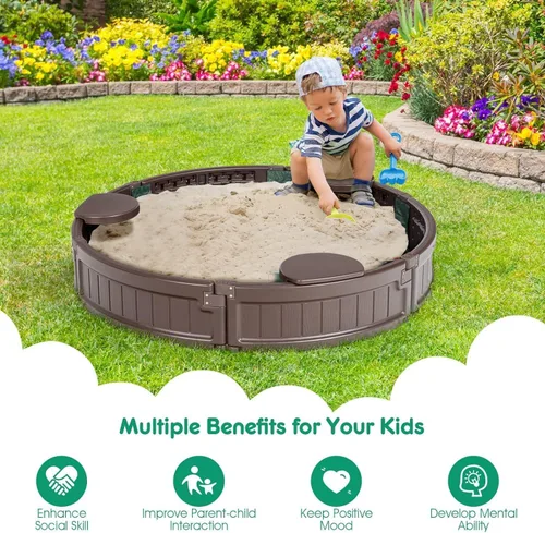 Vista 6 de Costzon Caja de arena redonda para niños con cubierta, pozo de arena de polietileno de alta densidad con asiento integrado desmontable y forro