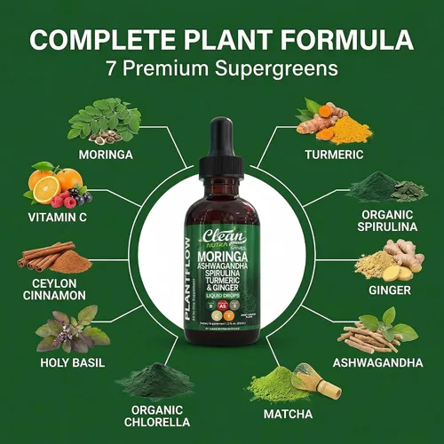 Vista 4 de Clean Nutra Moringa Suplemento Gotas Ashwagandha Spirulina Chlorella Cúrcuma y Jengibre Líquido Cebada Hierba con Clorofila Algas Azul Verde
