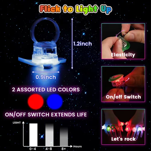 Vista 6 de LovesTown 50 anillos de luz LED, juguetes iluminados para niños que brillan en la oscuridad, suministros de fiesta intermitentes para recuerdos