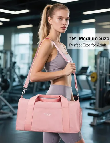 Vista 6 de Bolsa de gimnasio rosa para mujeres y niñas con compartimento para zapatos y bolsillo húmedo - Bolsa de lona para viajes, deportes, fitness