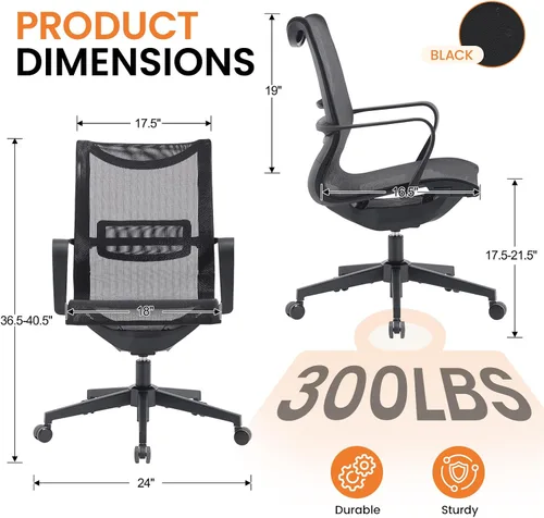 Vista 2 de LuxErgo Ergonomic Mesh Office Chair with Lumbar Support Mid Back Desk Chair Adjustable Height, 115° Recline & Armrests, 360° Swivel Rolling
