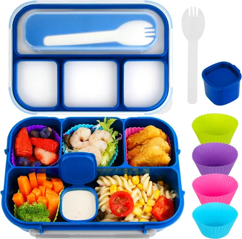 Vista 11 de MaMix Lonchera Bento para adultos, lonchera para niños, contenedores de almuerzo para adultos, niños, estudiantes, 44.0 fl oz, 4 compartimentos Azul