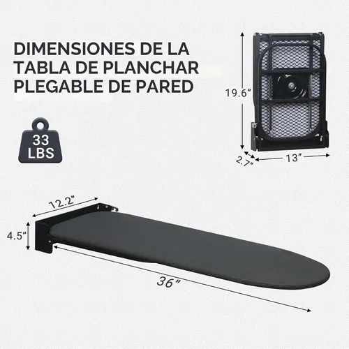 Vista 6 de Tabla de planchar para montar en la pared, compacta que ahorra espacio, tabla de hierro plegable para cuarto de lavado, 36 x 12 pulgadas, color negro