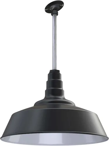 Vista 90 de Steel Lighting Co. Manhattan Warehouse Light Colgante montado en el techo Cúpula de 20 pulgadas vástago de 12 pulgadas Luz de granero