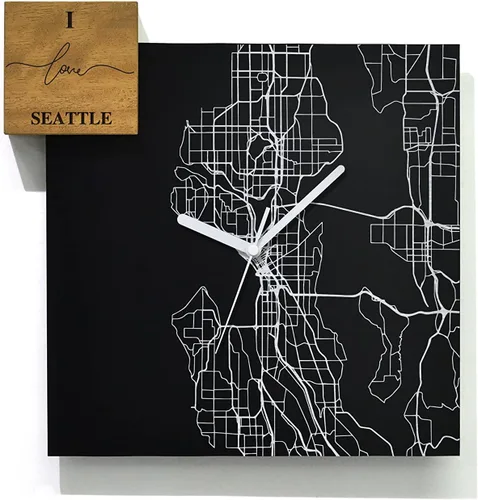 Vista 30 de Modern Wall Clock - Black Aluminum with Silver Fiber Laser Engraving - Square - Contemporary Design - Personalized City Map - Home Town - Location