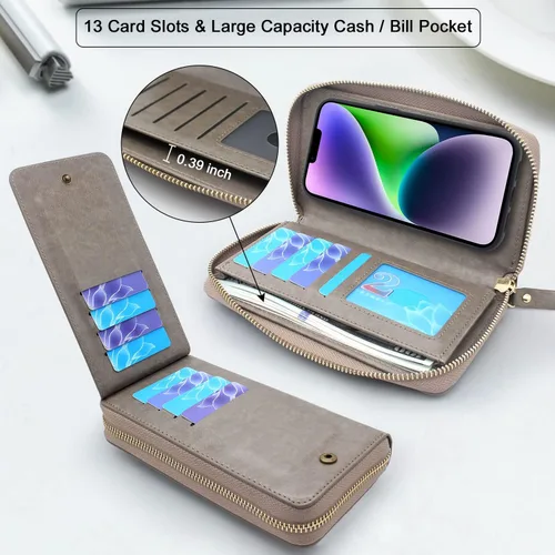 Vista 3 de Funda compatible con iPhone 15 Plus/iPhone 14 Plus, Crossbody con doble cremallera desmontable de cuero tipo cartera funda para teléfono