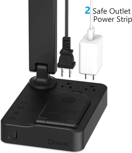 Vista 5 de Drevet Lámpara de escritorio LED con cargador inalámbrico, luz de mesa de escritorio con puerto de carga USB y 2 tomas de corriente, 3 modos