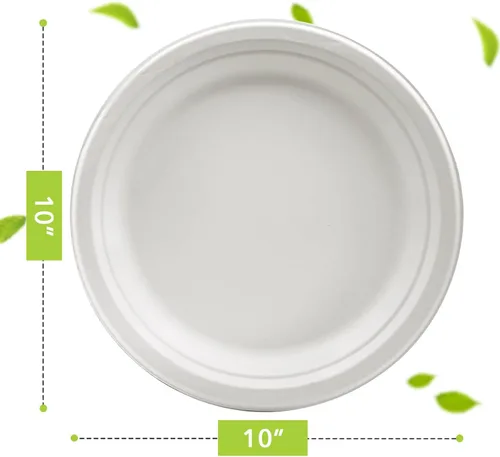 Vista 2 de three leaf Plato redondo de bagazo de 10 pulgadas, 25 unidades, platos de bagazo desechables, resistentes, súper fuertes, naturales y ecológicos