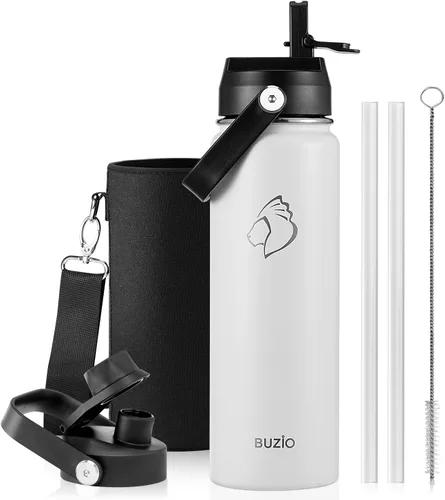 Vista 116 de BUZIO Botella de agua aislada de 24 oz, frasco de agua de boca ancha de acero inoxidable con tapa de pajita, frío durante 48 horas a prueba de Negro