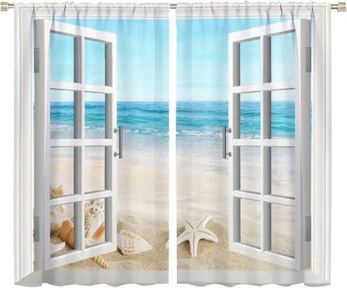Vista 56 de JESTRONRY Cortina de playa azul y blanca con diseño de estrella de mar y conchas marinas con aislamiento térmico, para oscurecer la habitación, 2