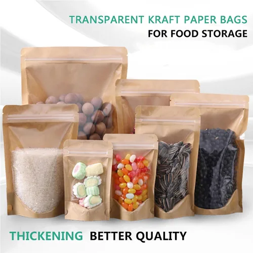 Vista 6 de 50 bolsas de papel kraft con ventana frontal transparente, bolsas resellables verticales con cierre hermético, bolsas de almacenamiento