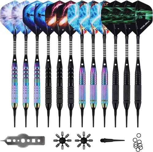 Vista 10 de WIN.MAX Juego de dardos de punta de plástico – Juego de dardos de punta suave – 12 piezas de 0.63 oz con 100 puntas de dardos adicionales, 12
