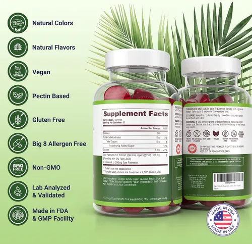 Vista 5 de Purify Life Paquete de gomitas de complejo de hongos y palma enana americana, apoyo inmunológico, suplementos de próstata de palma enana americana
