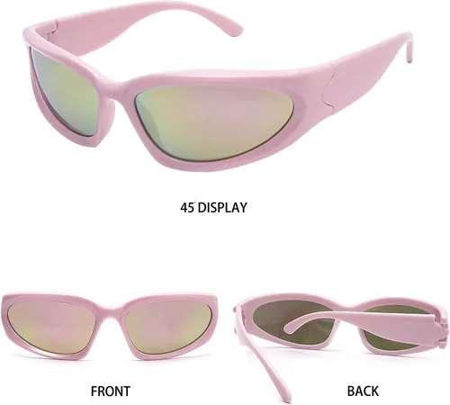 Vista 7 de knliwkm 3 pares de lentes de sol ovalados deportivos envolventes Y2K futuristas para mujeres y hombres, moda plateada