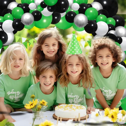 Vista 3 de Kit de guirnalda de arco de globos de color verde, negro, blanco y plateado, globos verdes y blancos para safari en la selva, baby shower