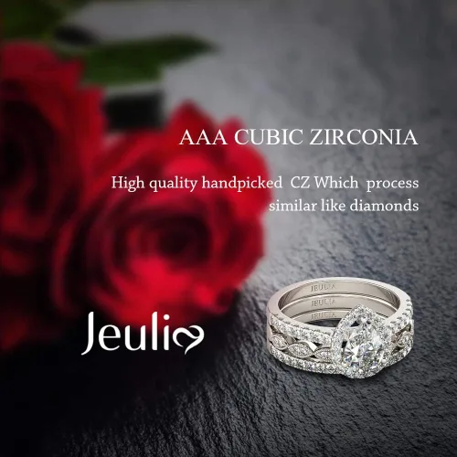 Vista 6 de Jeulia Juego de anillos de halo de corte pera, anillo de compromiso con forma de corazón CZ para mujer, plata de ley, diamante blanco, anillos