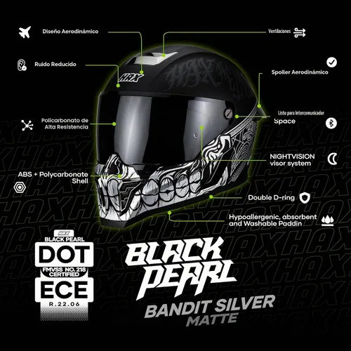 Vista 2 de Hax Dual-Certified Motorcycle Helmet for Multi-Scenario Riding Calavera negra y plateada