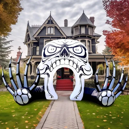 Vista 15 de WBHome 3 m Arco de payasos inflables de Halloween para decoración de exterior, del Día de los Muertos, para patio con luz LED integrada