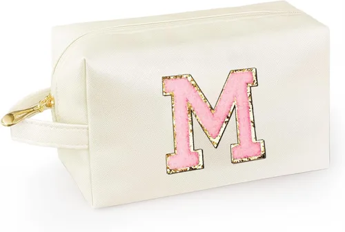 Vista 73 de Bolsa de maquillaje personalizada con inicial con asa, bolsa de cosméticos de preparación con bolsillo interior con cremallera, 8, 9, 10, 11, 12 Rosa