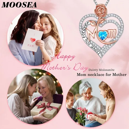 Vista 3 de MOOSEA Collar de mamá para mujer, collar de piedra lateral de diamante de moissanita, collar de piedra natal de corazón rosa de oro blanco de 18