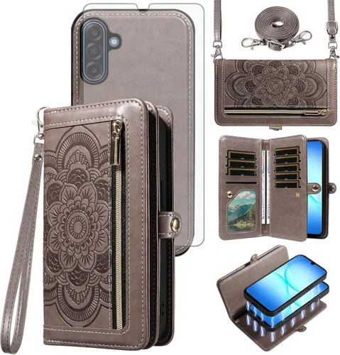 Vista 8 de Asuwish Funda de teléfono para Samsung Galaxy A17 5G con cremallera, funda de celular desmontable con protector de pantalla de vidrio templado Verde